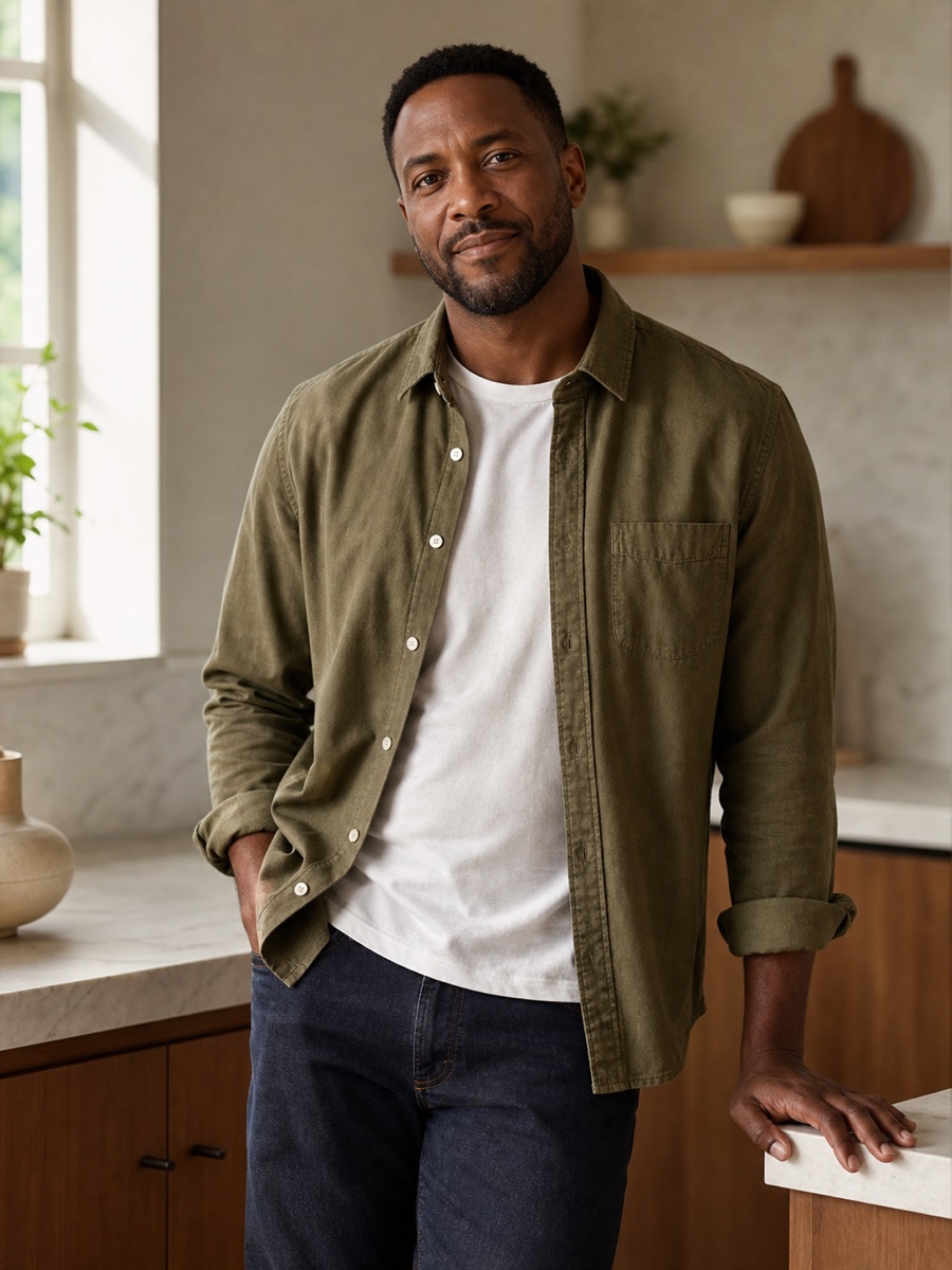 Illustrative fictional adult creator in a warm home kitchen