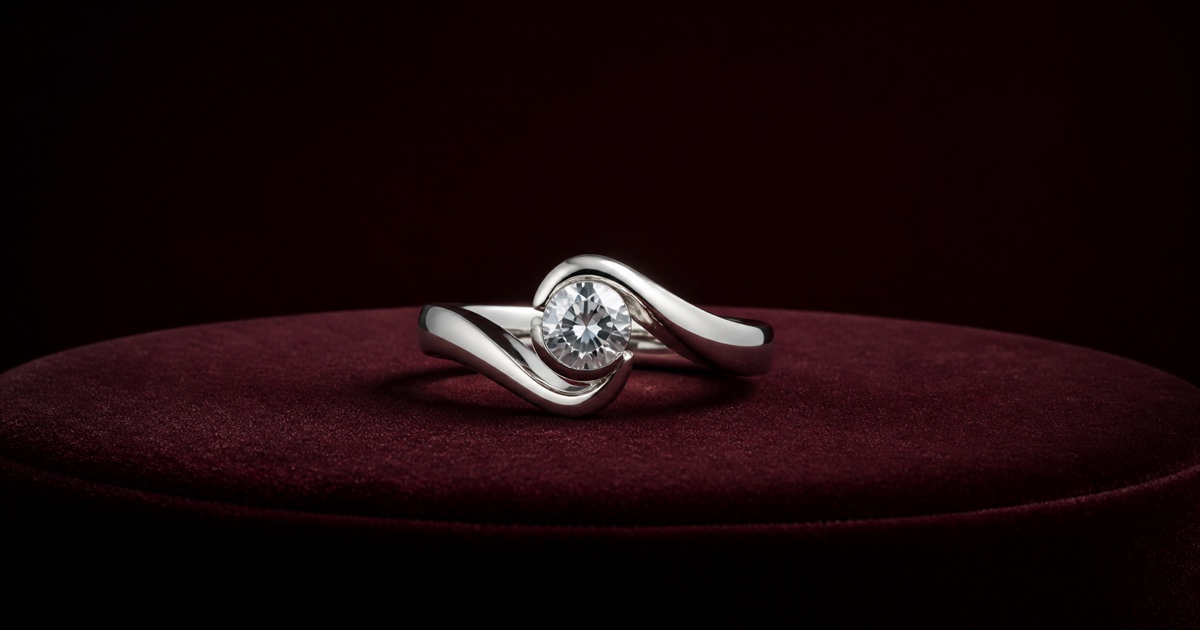 Original unbranded sculptural silver ring on an oxblood velvet jewelry plinth