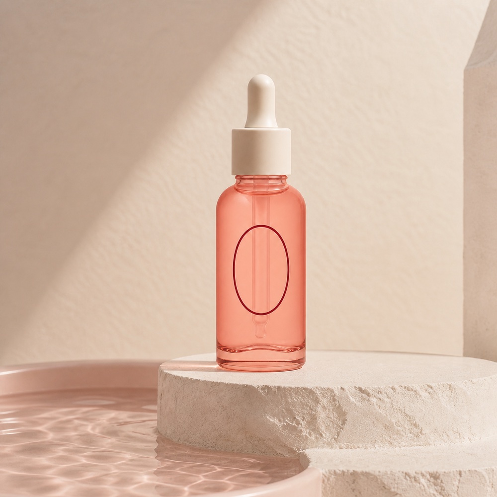 Blush-coral serum bottle on an ivory plinth beside reflective water in an editorial Feed composition