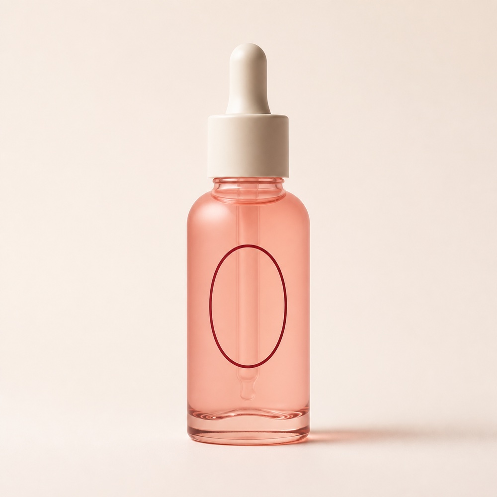 Blush-coral glass serum bottle product photo input with an ivory dropper