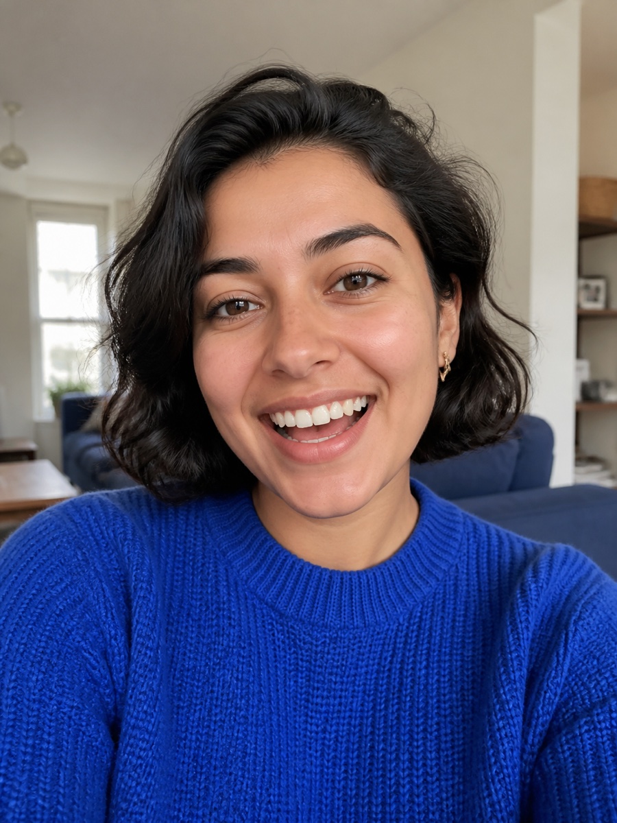 Fictional short-haired creator in a cobalt sweater used as a person reference