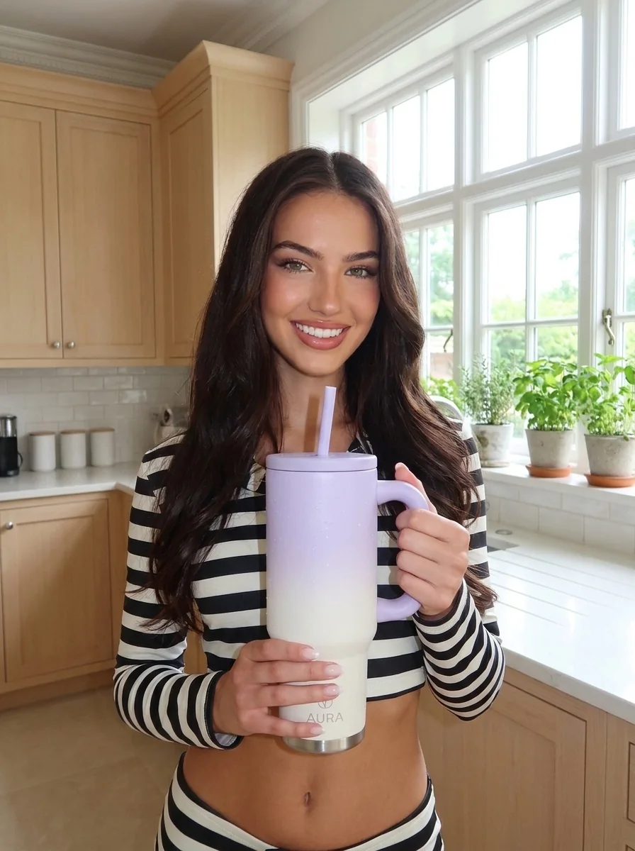 AI-generated creator holding the AURA tumbler in a bright kitchen