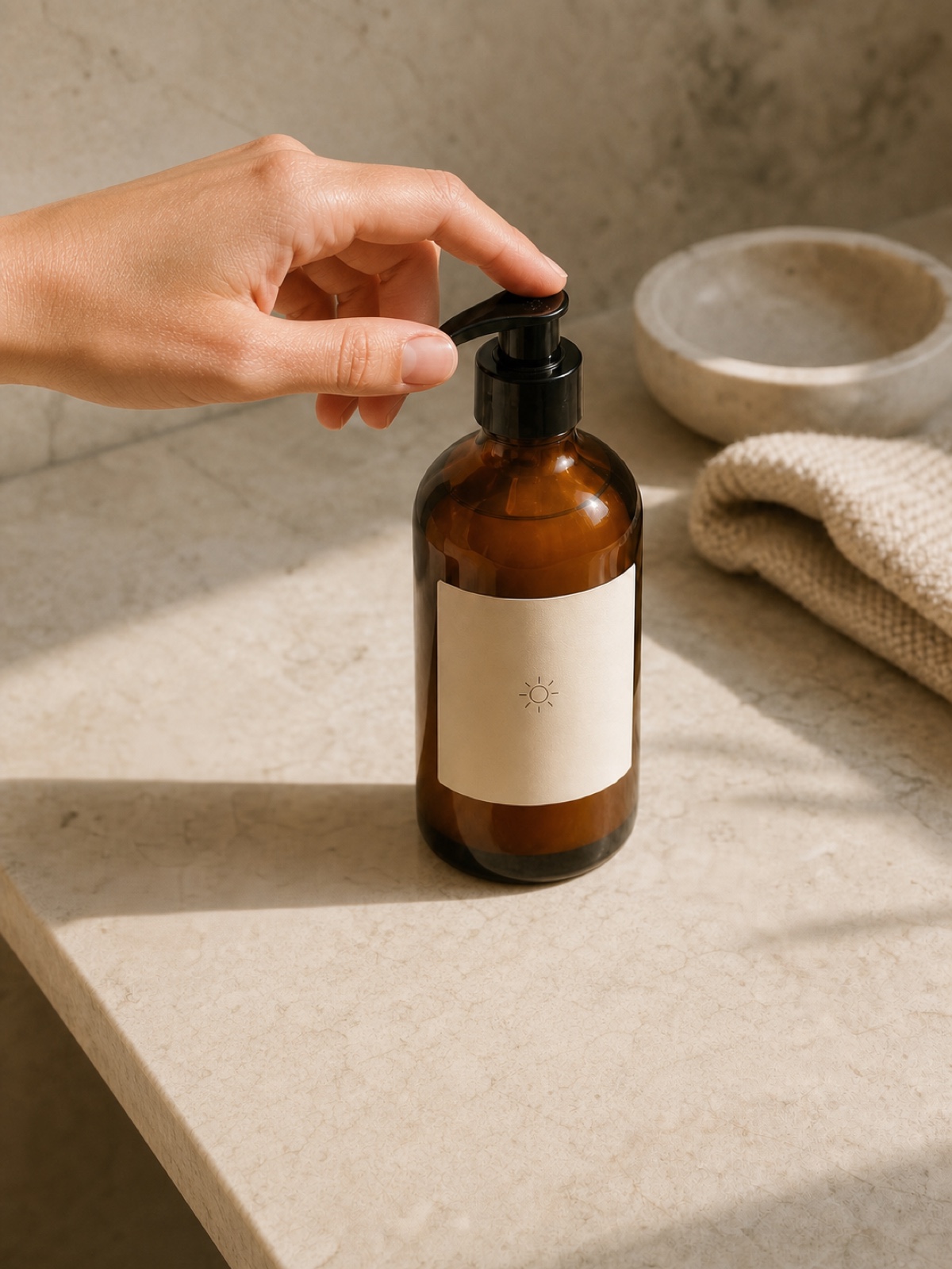 Generated single-hand skincare pump demonstration with an amber bottle