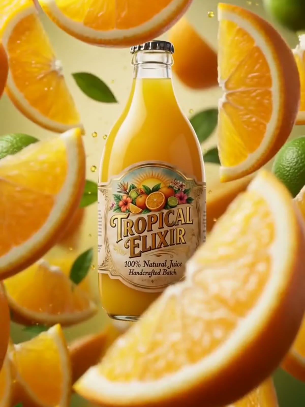 Generated citrus beverage product reveal with floating fruit