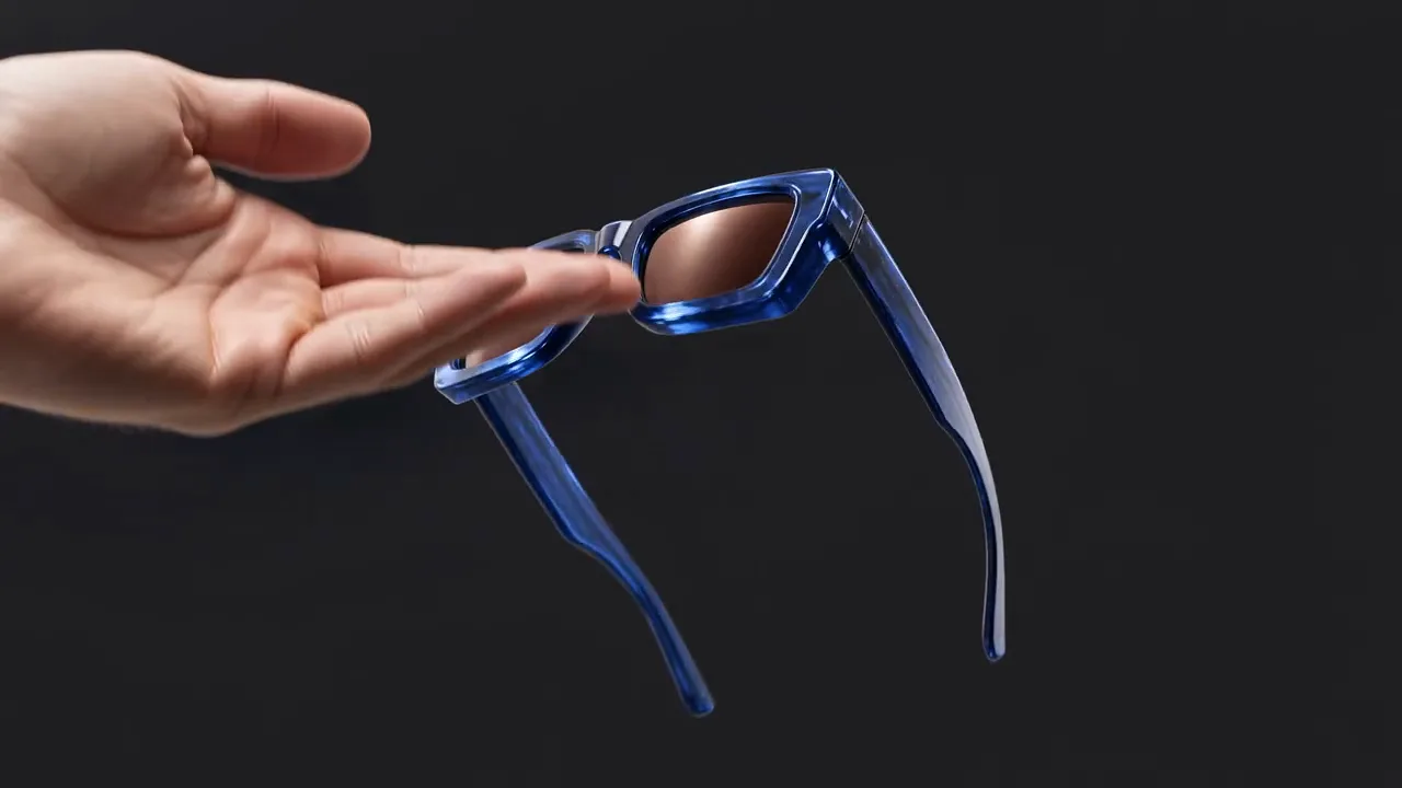 Blue sunglasses floating through a dark studio product commercial