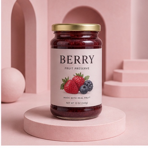 Source product photo of a glass fruit preserve jar labeled BERRY