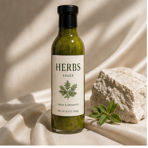 Source product photo of a green herb sauce bottle labeled HERBS