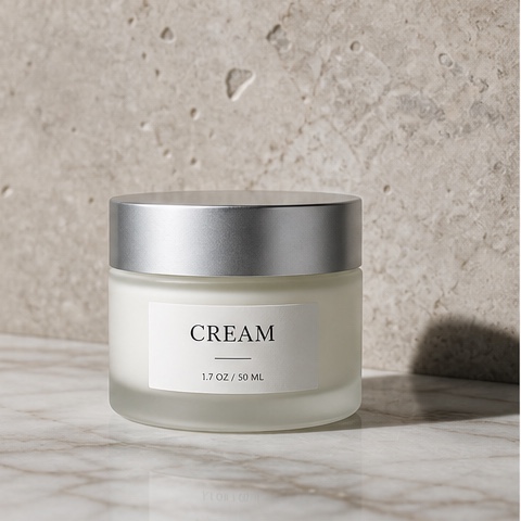 Source product photo of a frosted cream jar with a silver lid