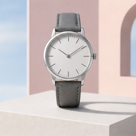 Source product photo of an unbranded silver analog watch with a gray strap