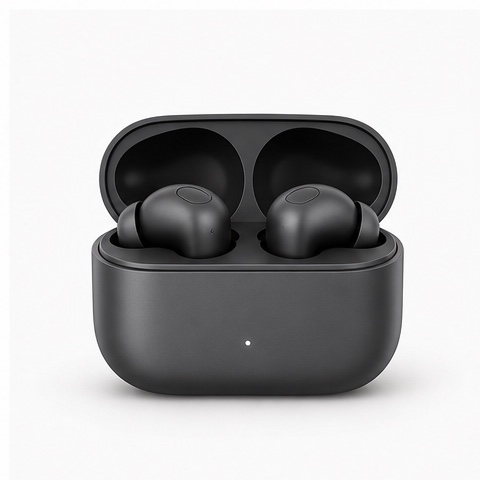 Source product photo of two black earbuds in an open matte charging case