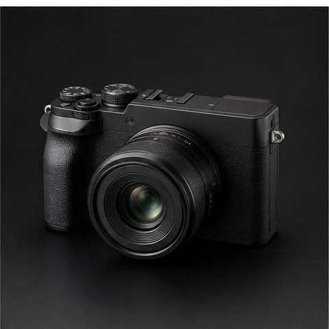 Source product photo of an unbranded compact black camera