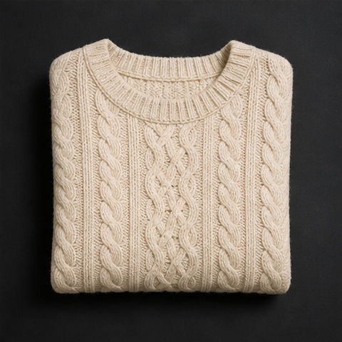 Source product photo of a folded cream cable-knit sweater