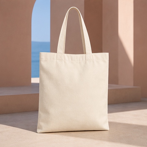 Source product photo of a plain natural canvas tote bag