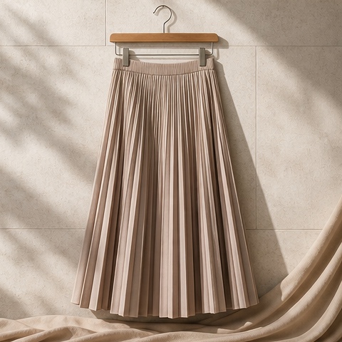 Source product photo of a warm taupe pleated skirt on a simple hanger