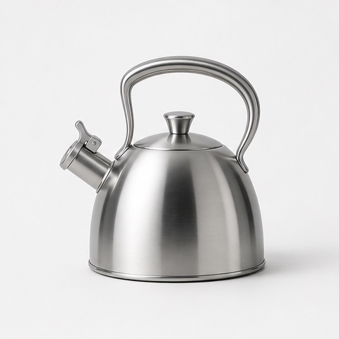 Source product photo of a stainless steel kettle with an arched handle
