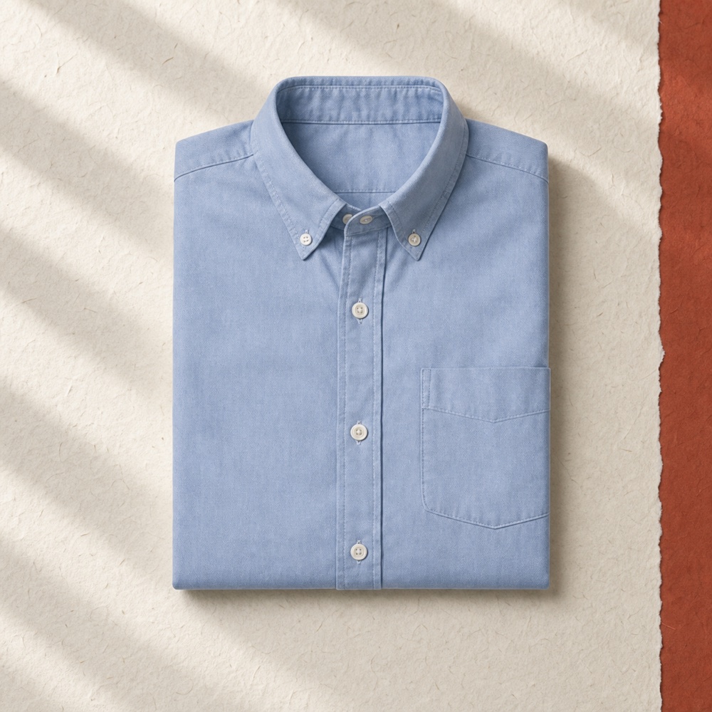 Folded pale-blue button-down shirt on warm handmade paper