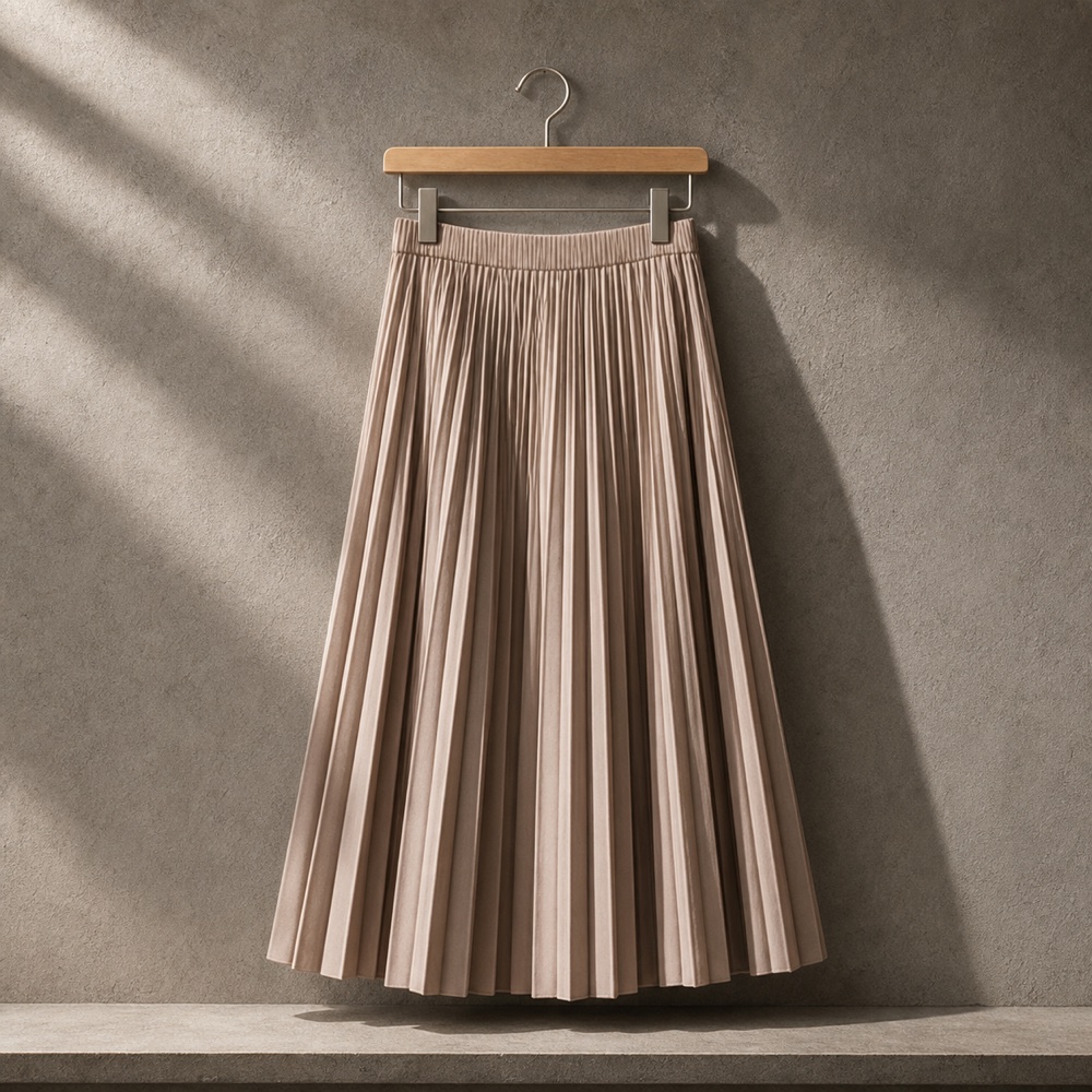 Warm taupe pleated skirt on a wooden hanger against a gray plaster wall