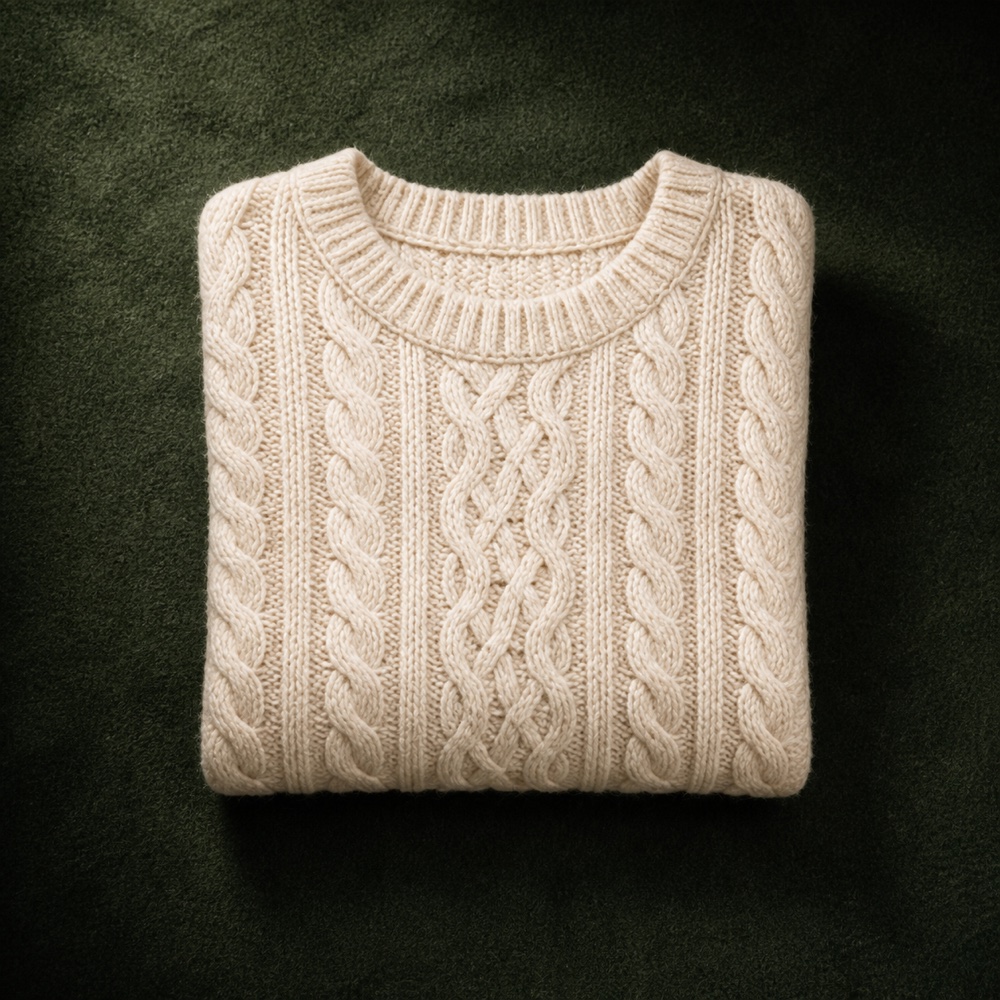 Folded cream cable-knit sweater on deep forest-green wool