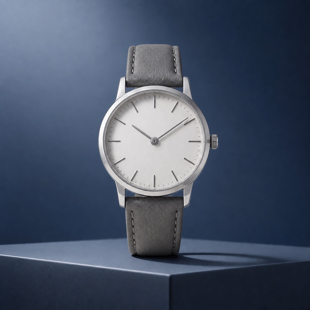 Minimal silver wristwatch with a gray leather strap on a blue studio plinth