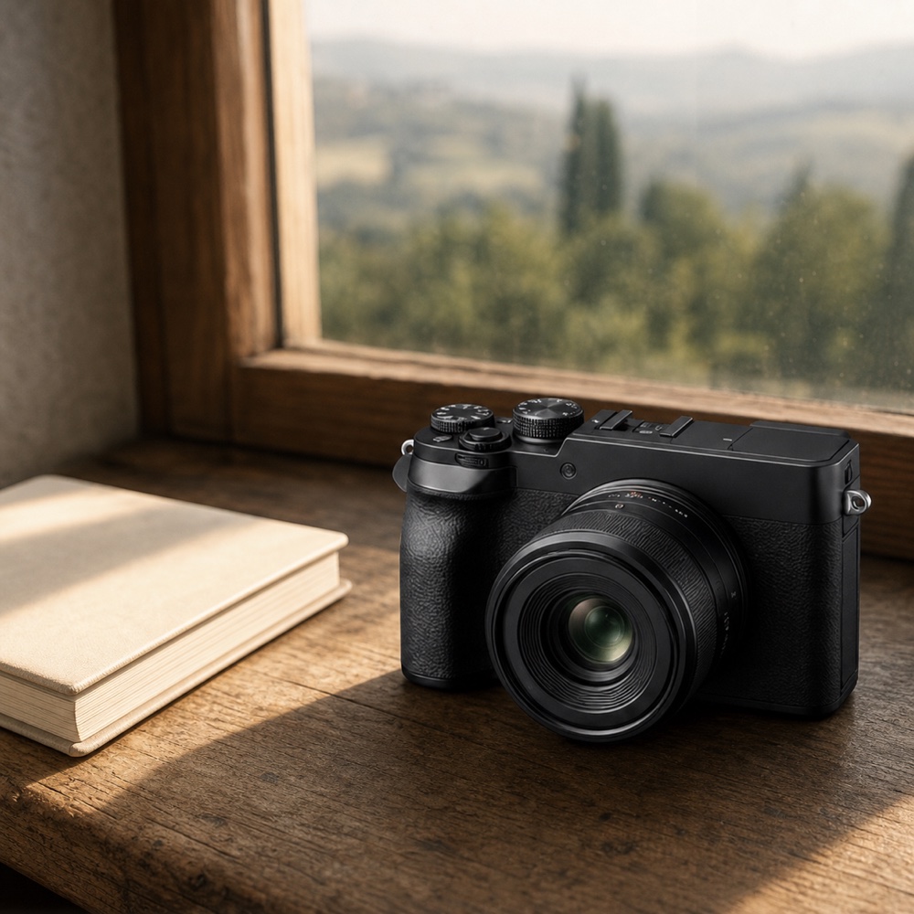 Compact black camera on a warm wooden desk in morning window light