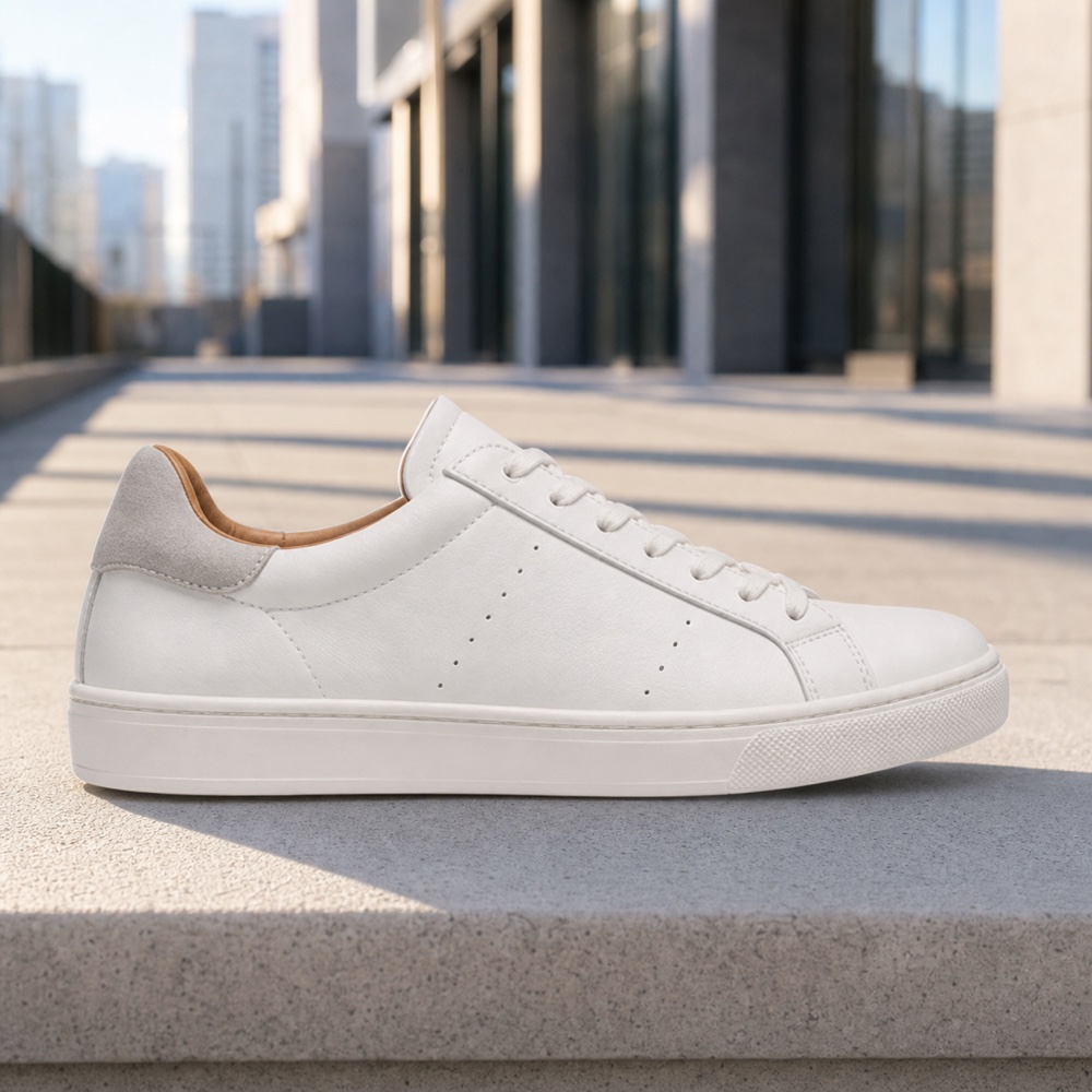 Off-white low-top sneaker on a concrete step in morning city light