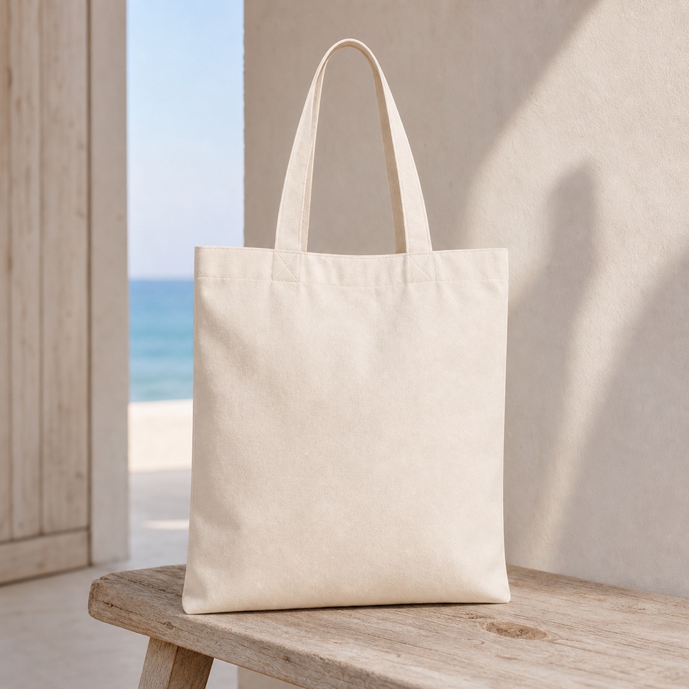 Plain cream canvas tote on a wooden bench in a coastal entryway