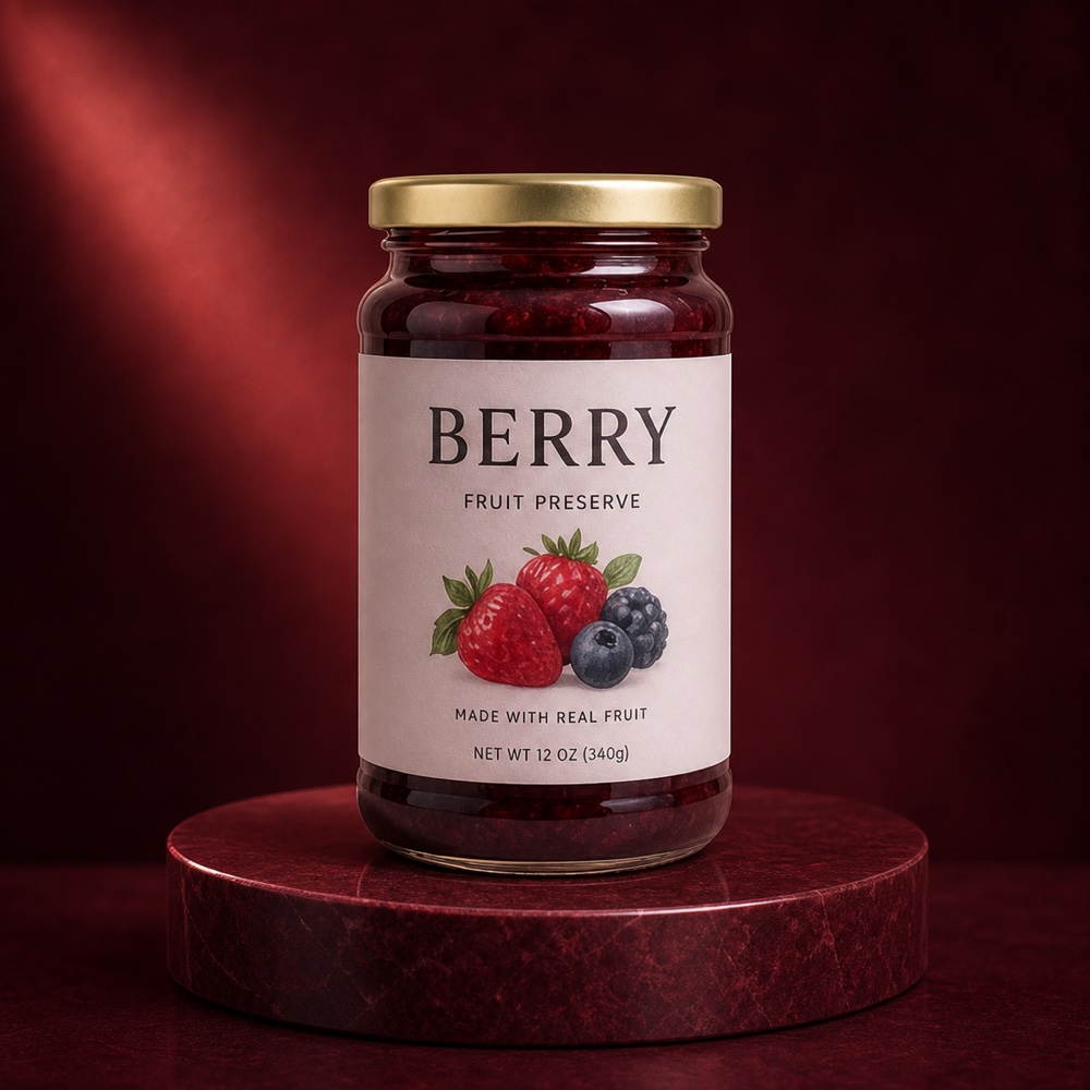 Berry preserve jar on a burgundy stone pedestal