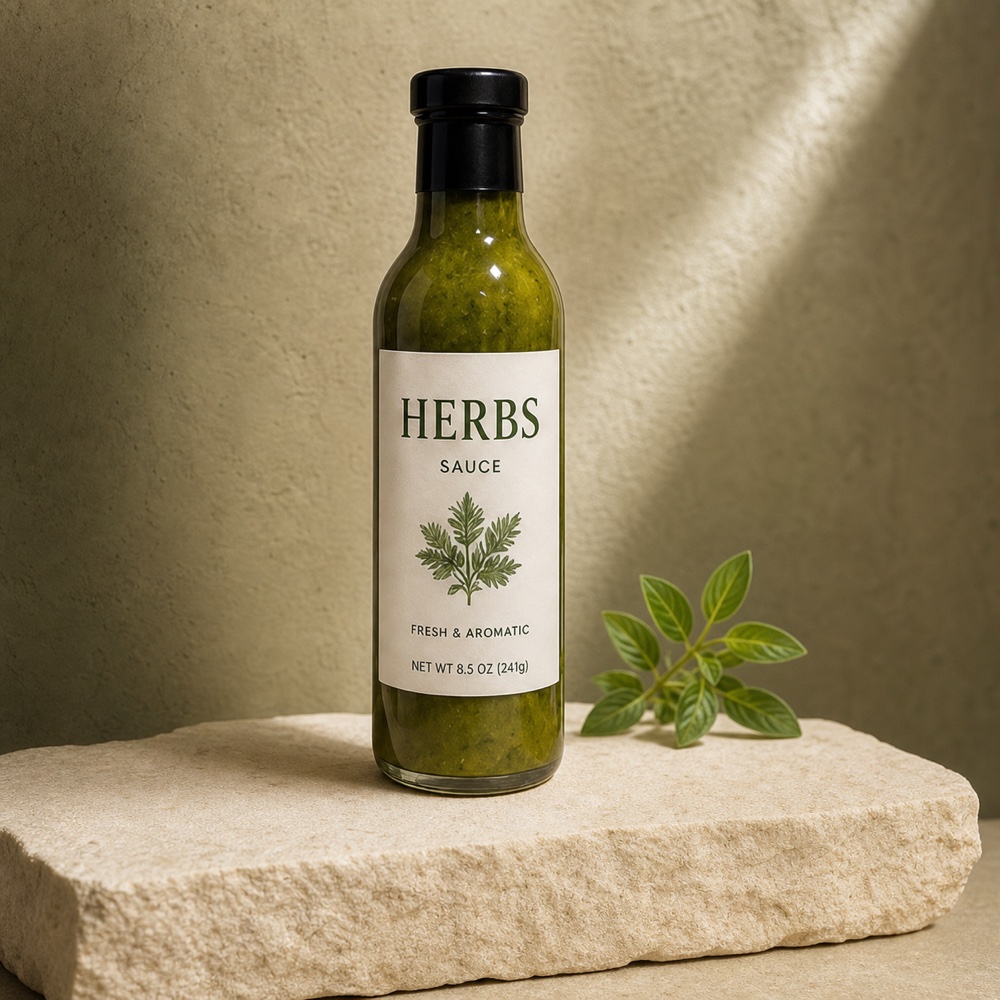 Green herb sauce bottle on limestone against an olive wall