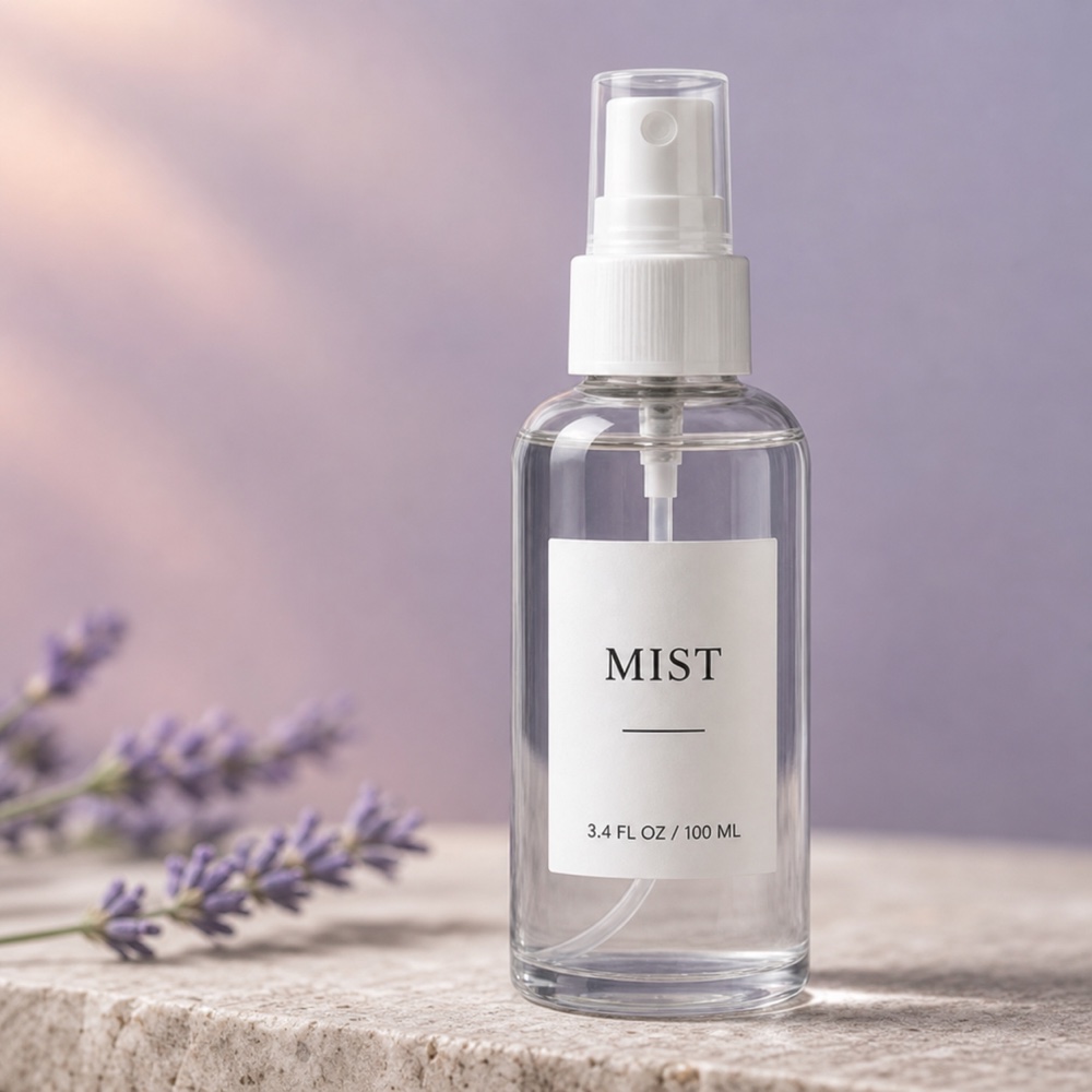 Clear facial mist spray bottle beside lavender on pale stone