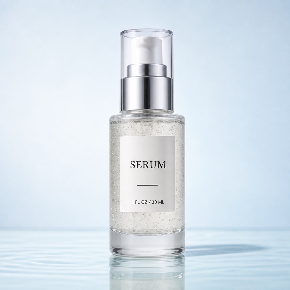 Clear serum pump bottle on a pale aqua reflective surface